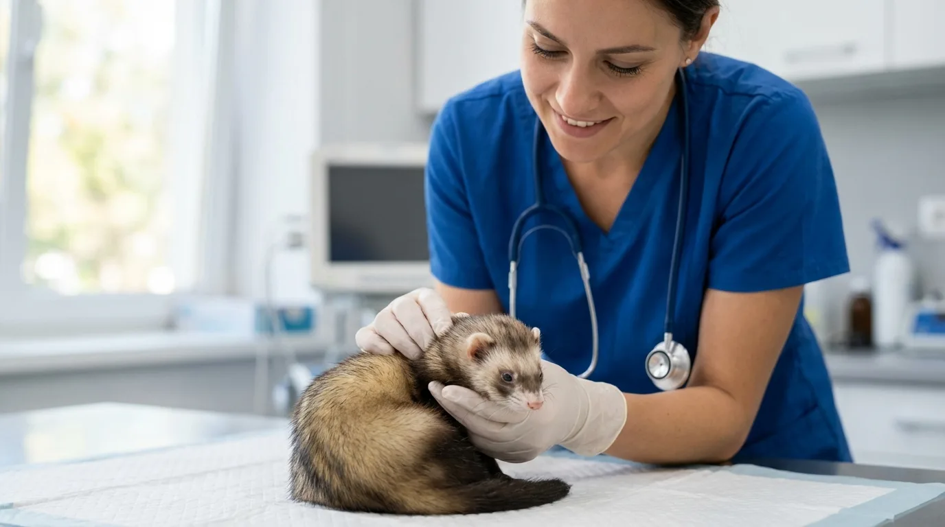 Veterinário examinando um furão: a consulta profissional é essencial para descartar problemas de saúde e obter orientação especializada.